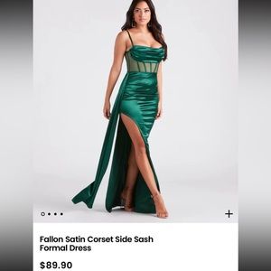 Green satin formal dress, high slit. Original price $89.90